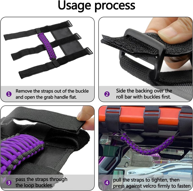Kujunpao4 X Roll Bar Grab Handles Grip Handle Compatible with Jeep Wrangler JLU JK JKU TJ YJ LJ JT JL & Gladiator JT 1987-2021 UTV & ATV, Fits 1.5 to 3 Inch Bars 3 Straps Woven Holder(Purple) - Image 4